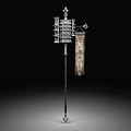 Ancient Long Handled Weapon With Intricate Top Structure And Attached Banner