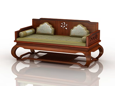 Traditional Chinese Arhat Bed With Wooden Frame Carved Design And Green Cushions 3d model