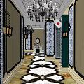 Elegant Elevator Hallway Design With Chandelier Decorative Walls And Patterned Carpet 3d model