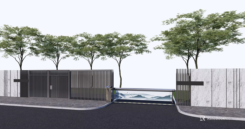 Modern Entrance Gate With Metal Fence Trees And Decorative Water Feature On Paved Ground 3d model 