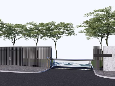 Modern Entrance Gate With Metal Fence Trees And Decorative Water Feature On Paved Ground 3d model