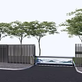 Modern Entrance Gate With Metal Fence Trees And Decorative Water Feature On Paved Ground