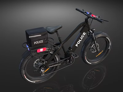 Black Police Mountain Bicycle With Rear Storage Box And Red Blue Lights For Urban Patrol 3d model