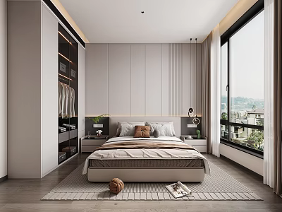 Modern Bedroom Interior Design With Bed Pillows Bedside Tables Plant Window View And Wardrobe 3d model