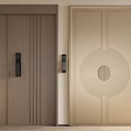 Modern Double Doors Design With Wood Grain Panel Circular Pattern And Light-Colored Smart Lock Handle 3d model