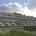 Modern Townhouse Exterior With Glass Facade Balconies Landscaped Gardens And Waterfront Lawn