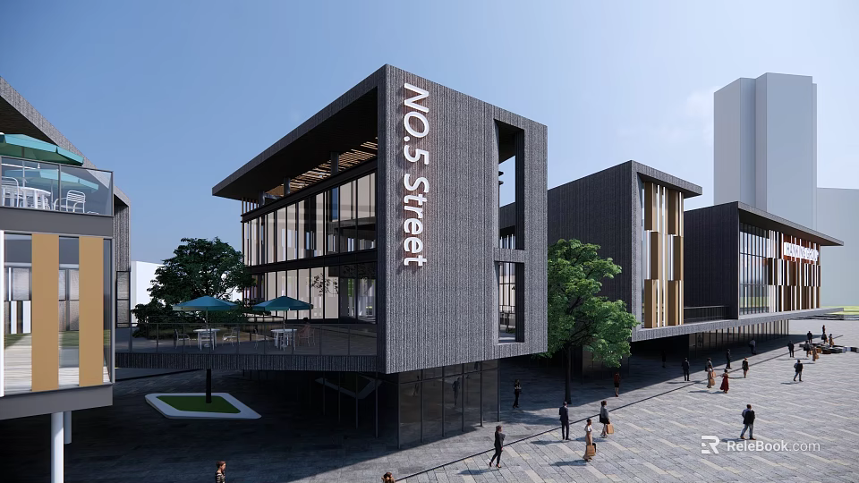 Modern Commercial Street Featuring Contemporary Architecture Large Glass Windows Trees And Pedestrians 3d model 