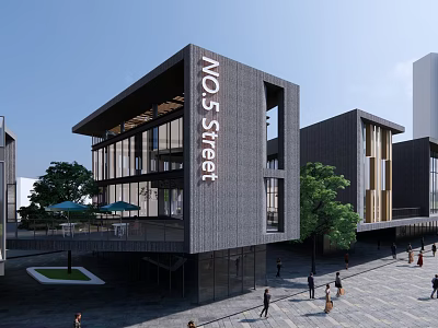 Modern Commercial Street Featuring Contemporary Architecture Large Glass Windows Trees And Pedestrians 3d model