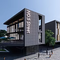 Modern Commercial Street Featuring Contemporary Architecture Large Glass Windows Trees And Pedestrians