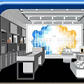 Modern Specialty Store Interior With Blue Orange Wave Decor And White Display Cabinets