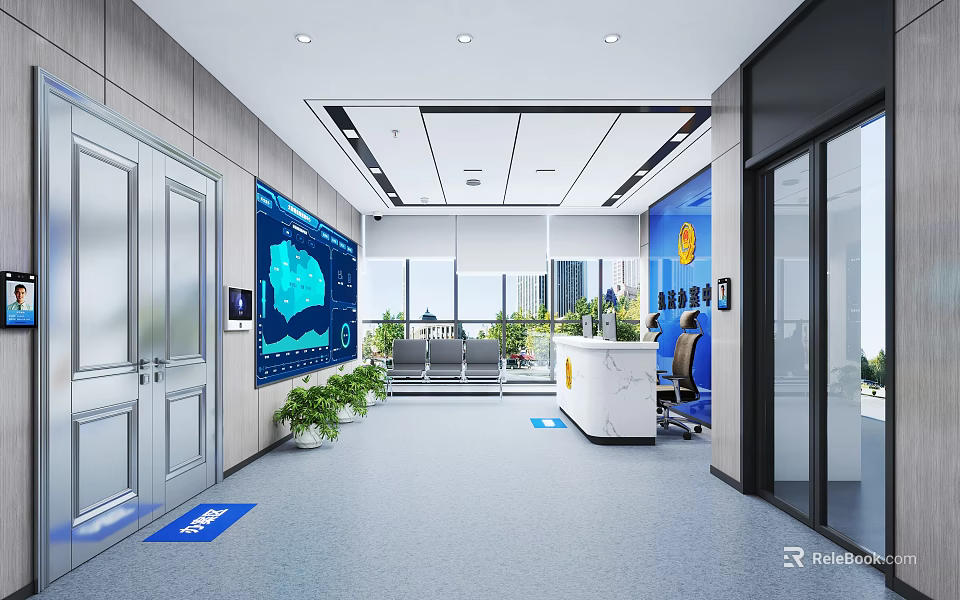 Modern Public Office Area with Reception Desk Large Screen Display and Indoor Plants 3d model 