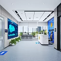 Modern Public Office Area with Reception Desk Large Screen Display and Indoor Plants