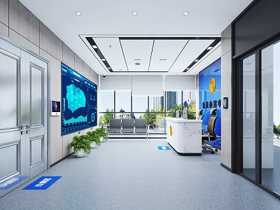 Modern Public Office Area with Reception Desk Large Screen Display and Indoor Plants 3d model