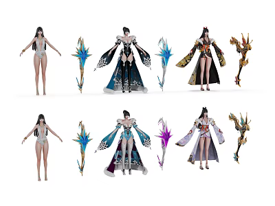Anime Style Fantasy Game Characters With Elegant Costumes And Detailed Weapon Designs 3d model