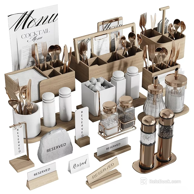 Modern Tableware Set With Wooden Organizers Spice Jars And Label Signs 3d model 