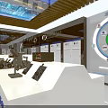 Modern Tech Lobby Interior With White Reception Desk Blue Lighting Circular Logo And Ceiling Strips 3d model