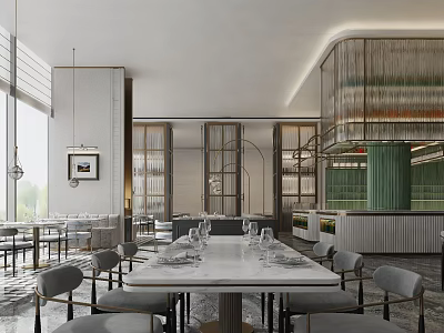 Modern Restaurant Interior Design With White Dining Table Gray Chairs And Glass Partitions 3d model