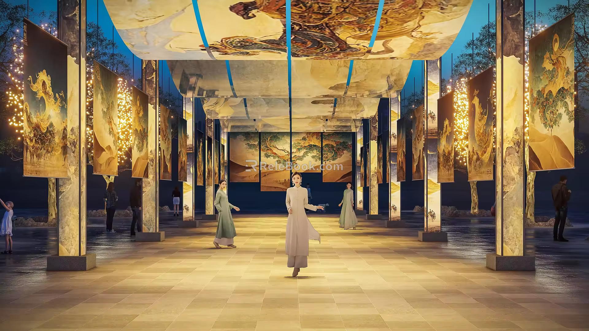 New Chinese-style Corridor Datang Ancient Dyeing Cloth-ribbon Corridor 3d model
