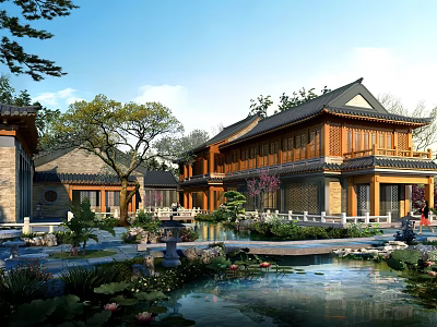 Chinese Traditional Detached Villa With Courtyard Pond And Lush Greenery 3d model