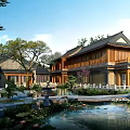 Chinese Traditional Detached Villa With Courtyard Pond And Lush Greenery