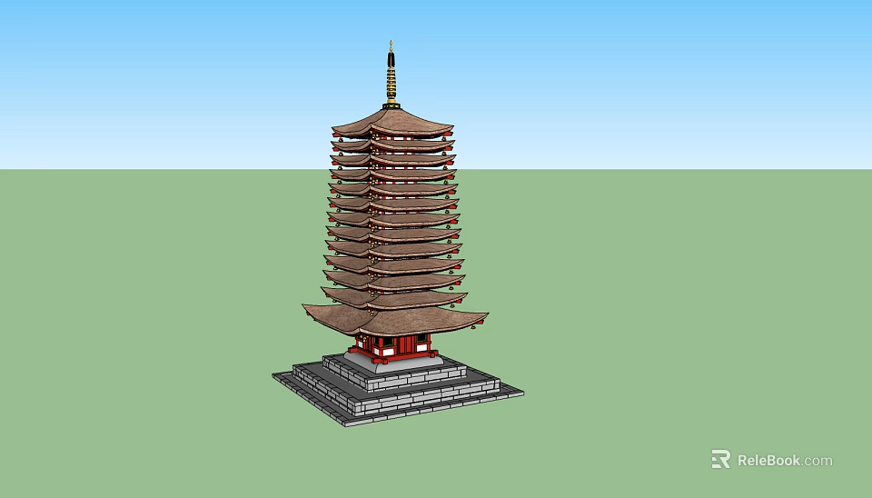 Ancient Chinese Pagoda Architecture With Multi Story Structure Brown Roof Red Base And Golden Spire 3d model 