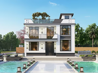 Modern Two Story Detached Villa With White Black Exterior Front Steps And Landscaped Pools Trees 3d model