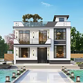 Modern Two Story Detached Villa With White Black Exterior Front Steps And Landscaped Pools Trees