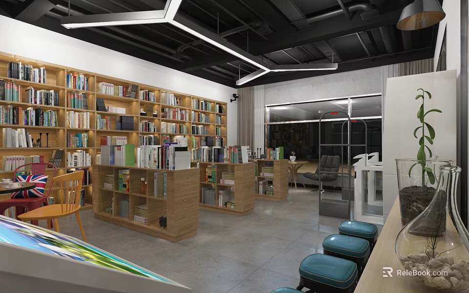 Modern Bookstore Interior With Wooden Bookshelves Books Blue Stools And Lighting 3d model 