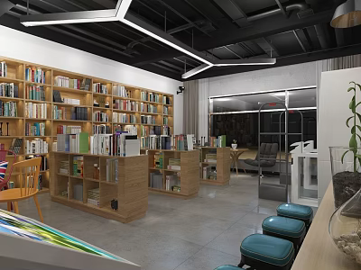 Modern Bookstore Interior With Wooden Bookshelves Books Blue Stools And Lighting 3d model