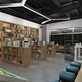 Modern Bookstore Interior With Wooden Bookshelves Books Blue Stools And Lighting