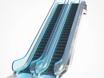Stylish Modern Escalator With Glass Side Panels Blue Lighting Metal Frame And Black Steps 3d model