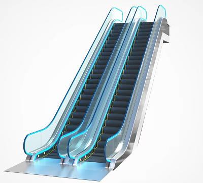 Stylish Modern Escalator With Glass Side Panels Blue Lighting Metal Frame And Black Steps 3d model