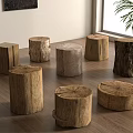 Multiple Wooden Log Stools in Various Shapes on Indoor Wooden Floor with Potted Plant