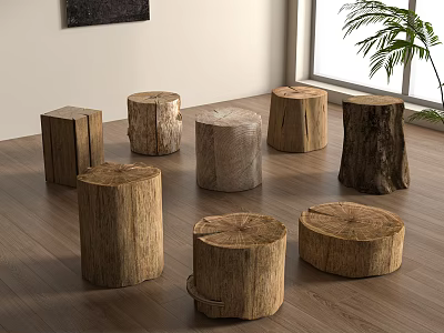 Multiple Wooden Log Stools in Various Shapes on Indoor Wooden Floor with Potted Plant 3d model