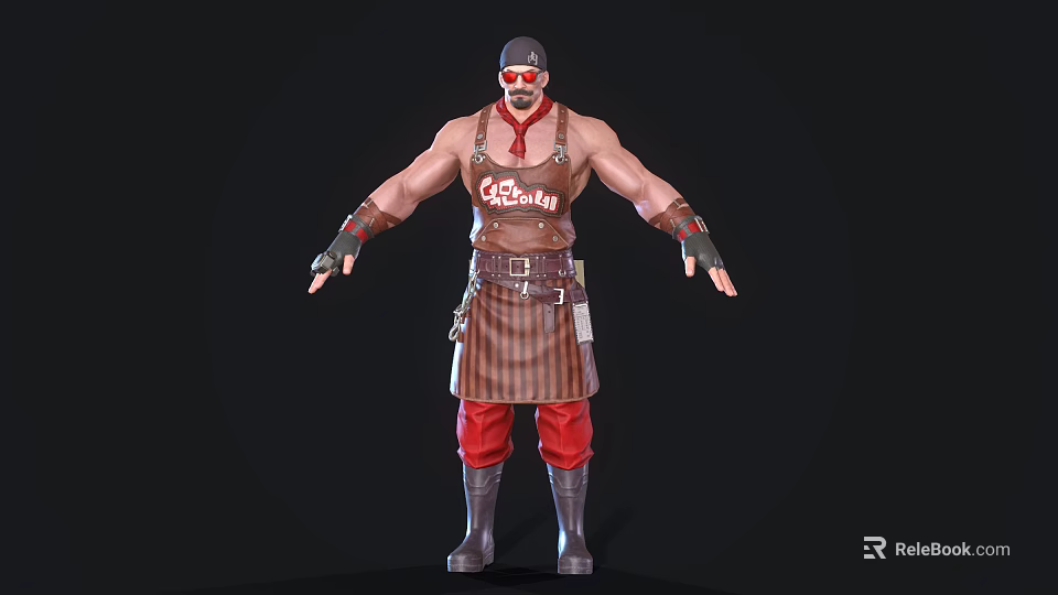 Game Movie Character Muscular Chef With Apron Goggles Hat Tool Belt Red Pants And Boots 3d model 
