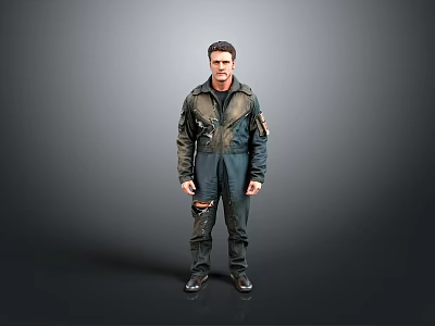 Man in Distressed Work Jacket and Torn Pants Standing Against Gray Background 3d model