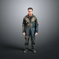 Man in Distressed Work Jacket and Torn Pants Standing Against Gray Background