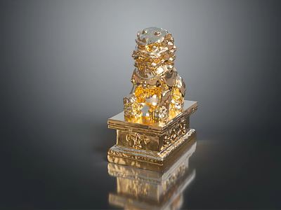 Golden Lion Statue with Intricate Carved Pedestal on Smooth Surface Showing Clear Reflection 3d model