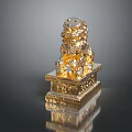 Golden Lion Statue with Intricate Carved Pedestal on Smooth Surface Showing Clear Reflection
