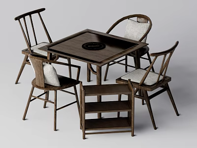 Wooden Square Dining Table Set With Four Upholstered Chairs And Small Shelf 3d model