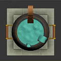 Stylish Dark Cauldron With Orange Handles Blue Liquid And Wooden Spoon On Stone Base