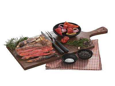 Juicy Sliced Steak on Wooden Cutting Board with Knife Fork Fresh Vegetables Salt Pepper Rosemary 3d model