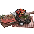Juicy Sliced Steak on Wooden Cutting Board with Knife Fork Fresh Vegetables Salt Pepper Rosemary