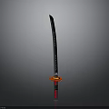 Traditional Japanese Weapon Katana With Black Blade Red Handle Red Tsuba Displayed On Gray Background