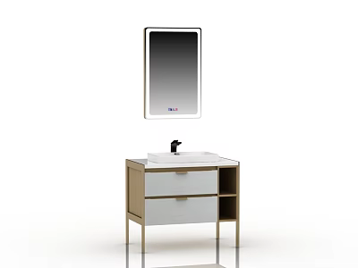 Modern Bathroom Vanity with Sink Mirror Drawer and Open Storage Shelf 3d model