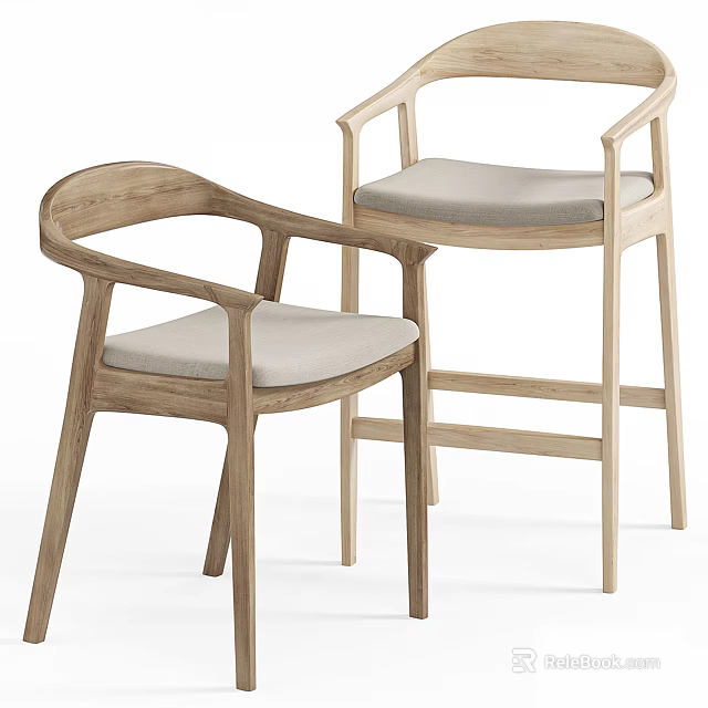 Modern Wooden Dining Chairs With Curved Armrests And Beige Cushioned Seats 3d model 