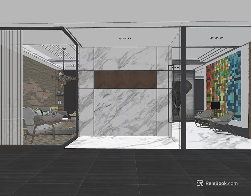 Front Desk Reception Area With Modern Design Marble Wall Open Space Sofa And Artwork 3d model
