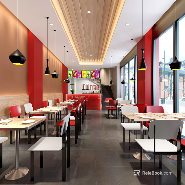 Bright Modern Restaurant Interior With Red and White Tables Black Pendant Lights And Large Windows 3d model 