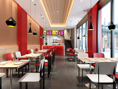 Bright Modern Restaurant Interior With Red and White Tables Black Pendant Lights And Large Windows 3d model