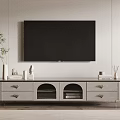 Modern TV Stand Design With Drawers Arched Doors And Green Plant Decorations